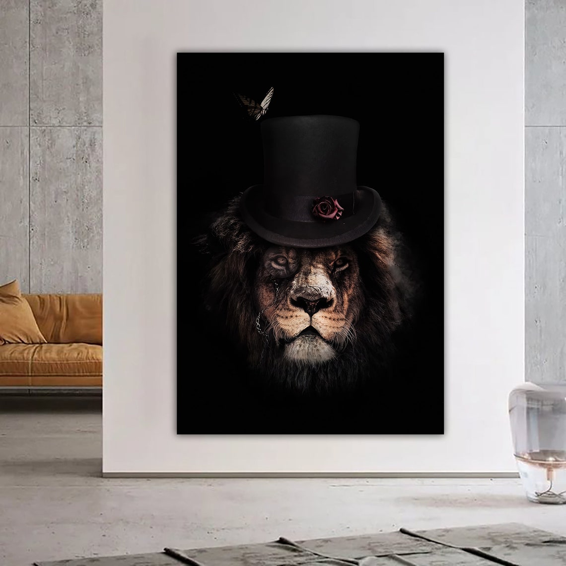 Lion Wearing Top Hat Rose Butterfly Dark Dramatic Animal Poster