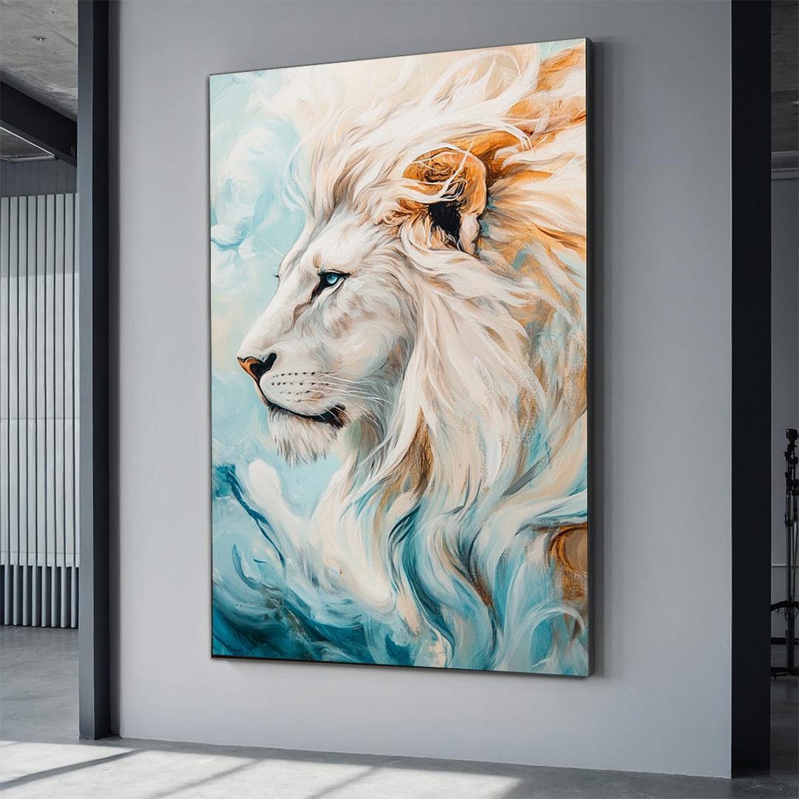 White Lion Profile Flowing Teal Mane Watercolor Wildlife Art Poster