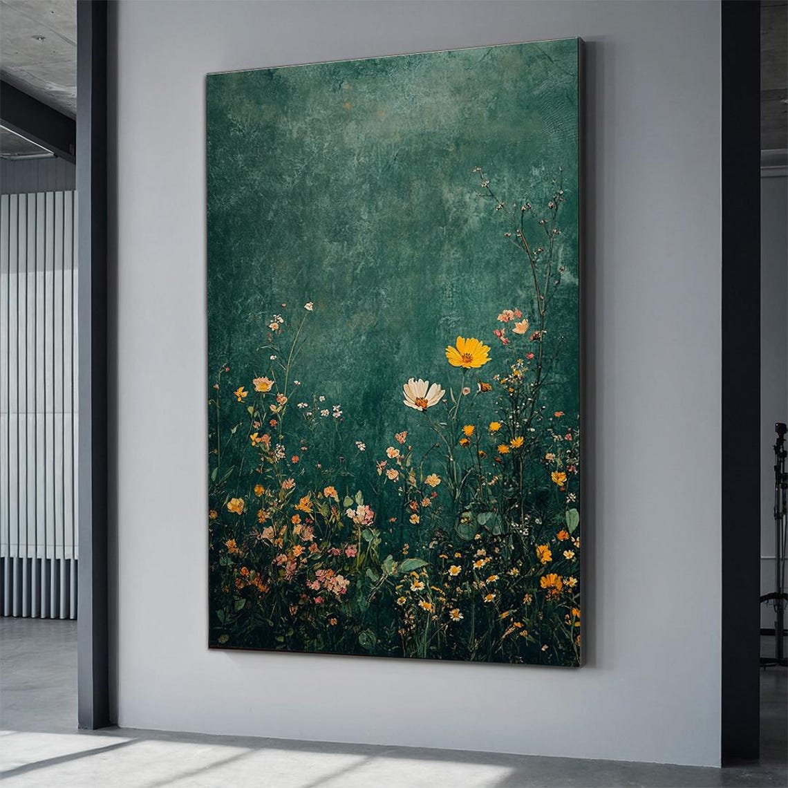 Wildflowers Dark Green Meadow Yellow Daisies Cottagecore Art Poster