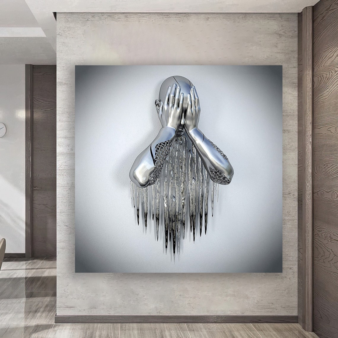 Chrome Man Head In Hands Melting Metallic Surreal Emotional Wall Art