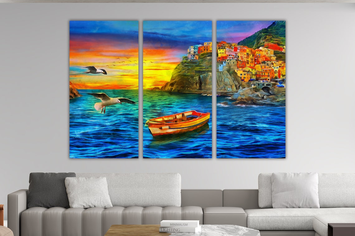 Italian Riviera Sunset Seagulls Rowboat Triptych Colorful Poster
