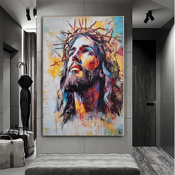 Colorful Jesus Christ Crown Of Thorns Graffiti Faith Modern Wall Art Print