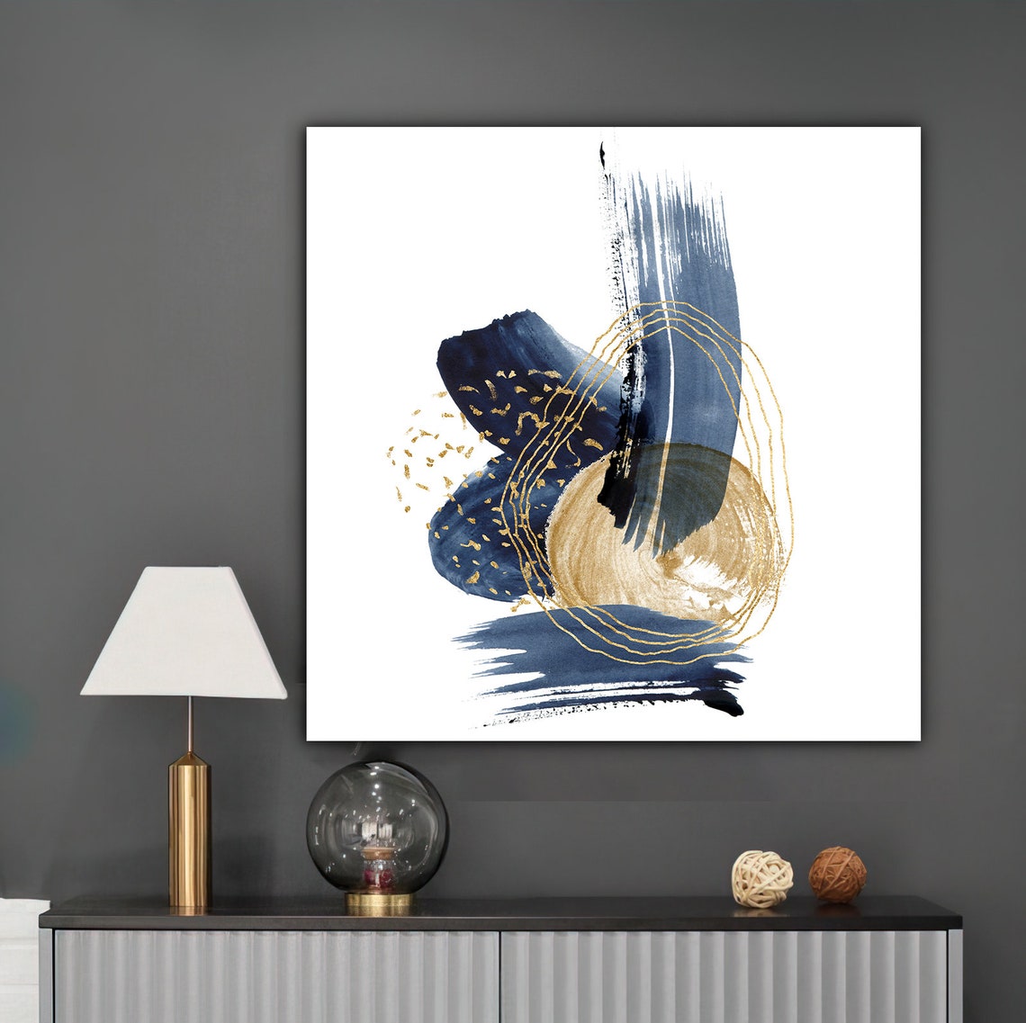Navy Blue Gold Abstract Brushstroke Modern Minimalist Wall Art Print