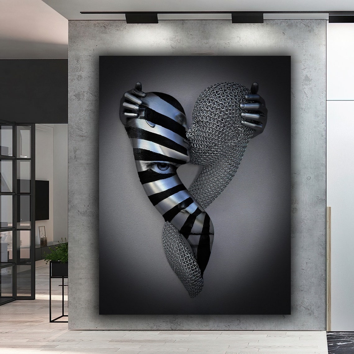 Abstract Couple Embrace Black White Surreal 3D Effect Love Wall Art