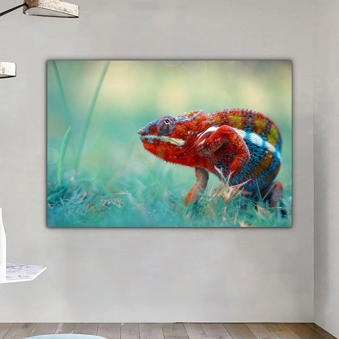Colorful Chameleon Close Up On Green Grass Wildlife Art Poster