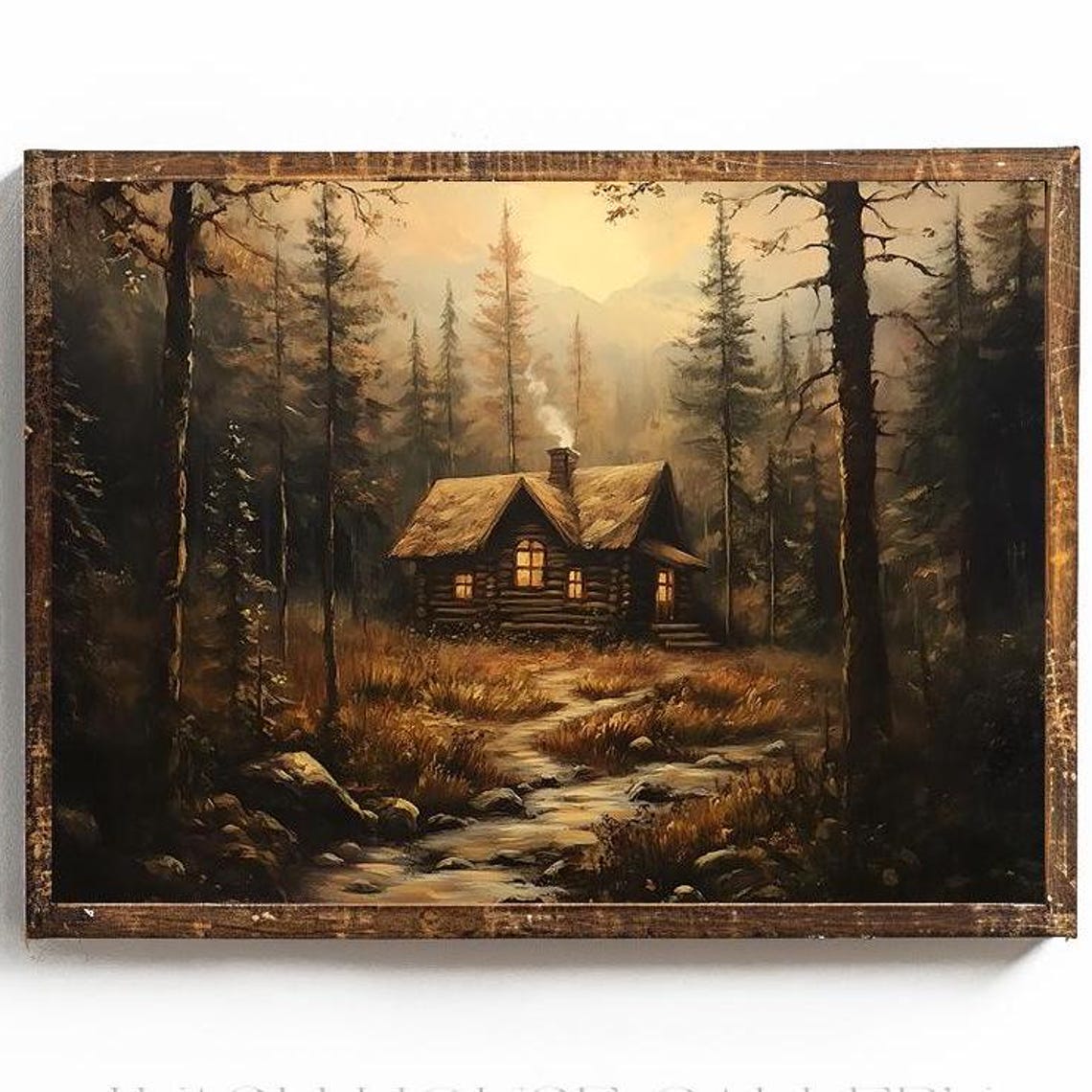 Log Cabin In Forest At Dusk With Glowing Windows Painting Poster