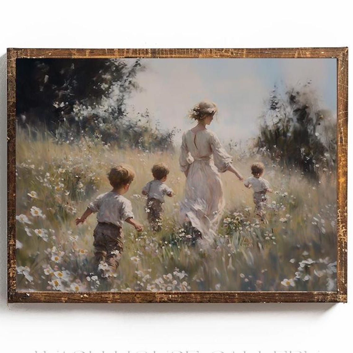 Mother Walking with Three Sons Through Wildflower Meadow Poster