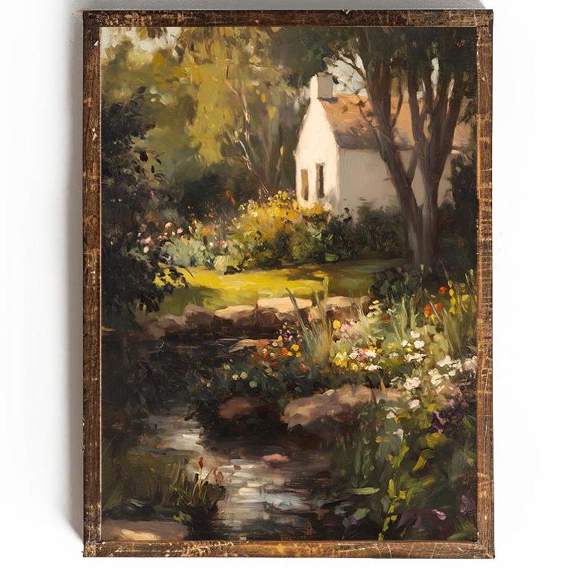 White Cottage Garden With Stream Vintage English Garden Poster
