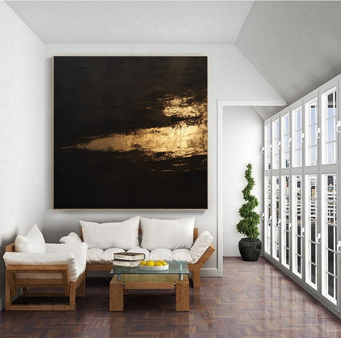 Dramatic Black and Gold Abstract Textured Oil Painting Poster - Image 4