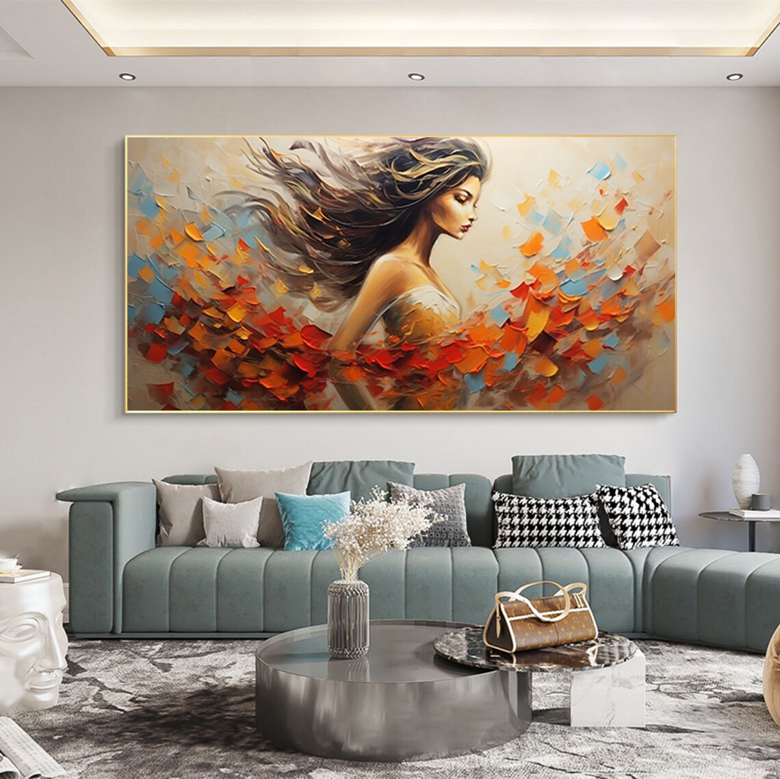 Woman with Flowing Hair Autumn Leaves Back View Painting Poster - Image 6