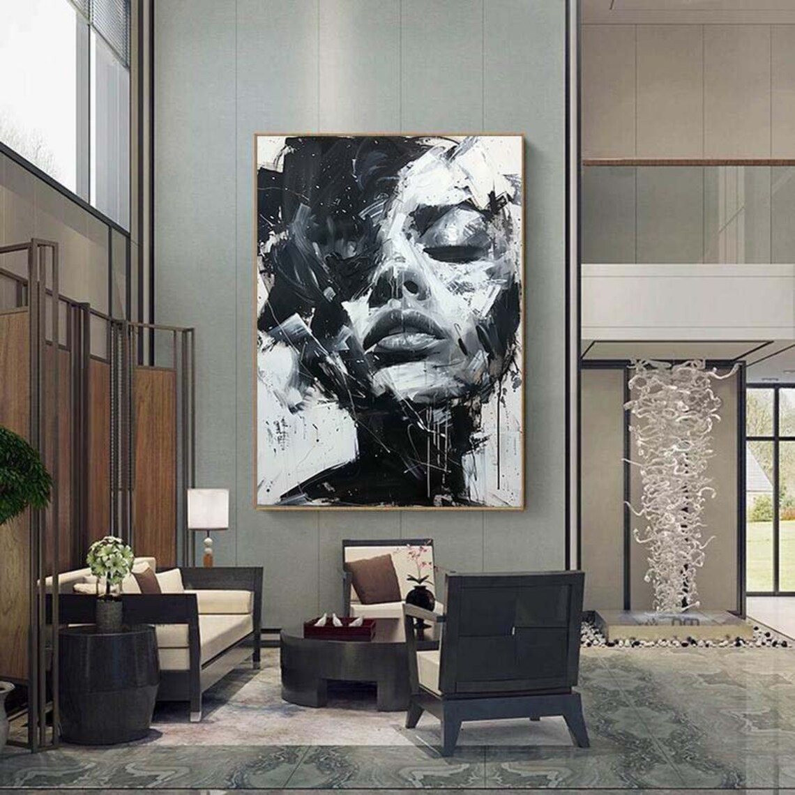 Black and White Woman Portrait Oil Painting Art Print - Image 4