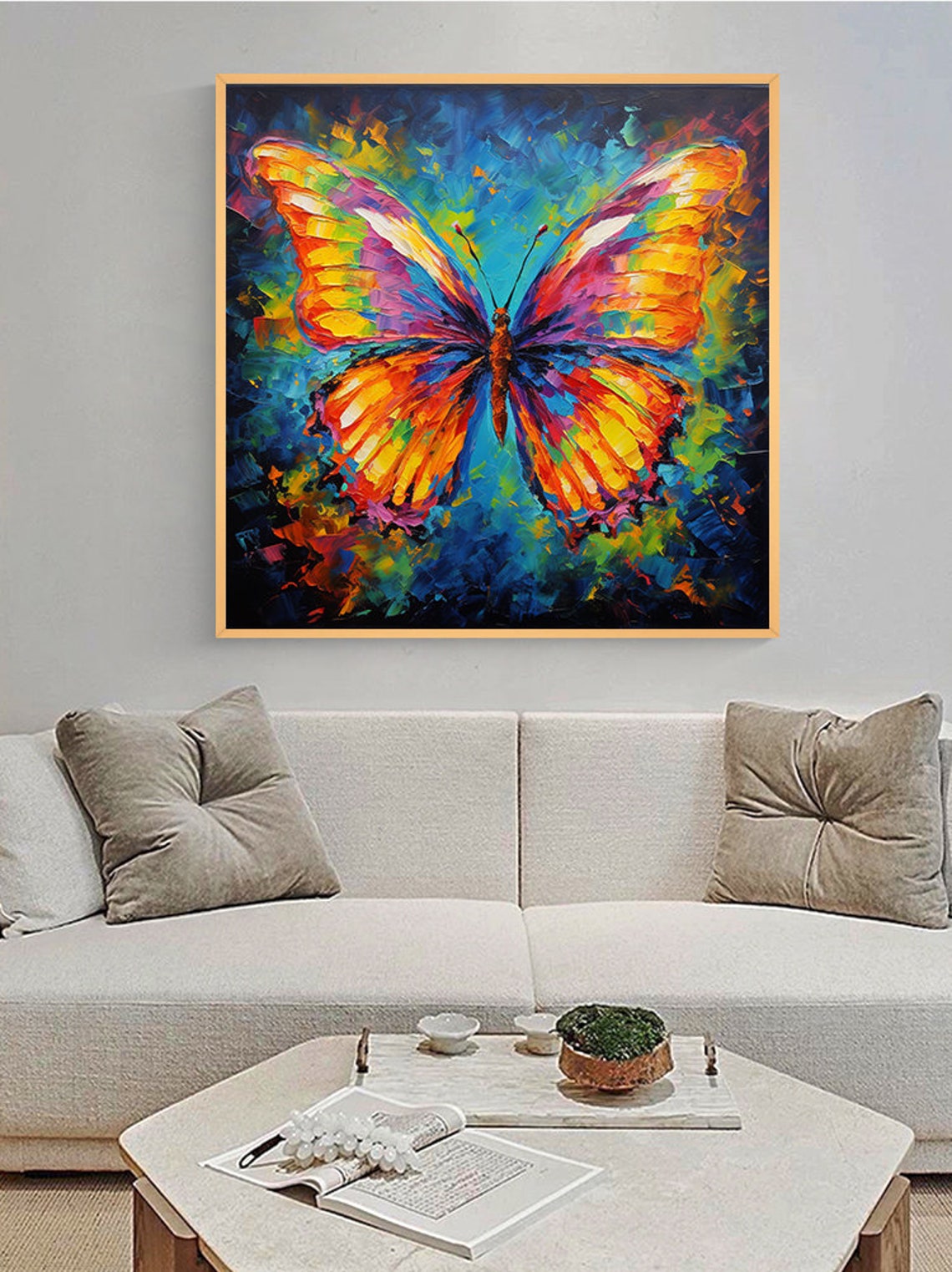 Colorful Butterfly Knife Painting Blue Background Decor Poster - Image 2