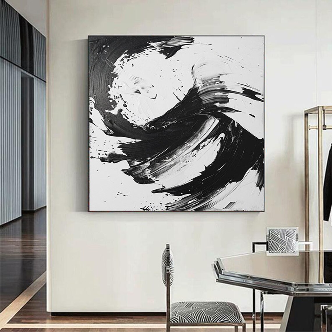 Black and White Monochrome Swirl Brushstroke Abstract Poster - Image 7