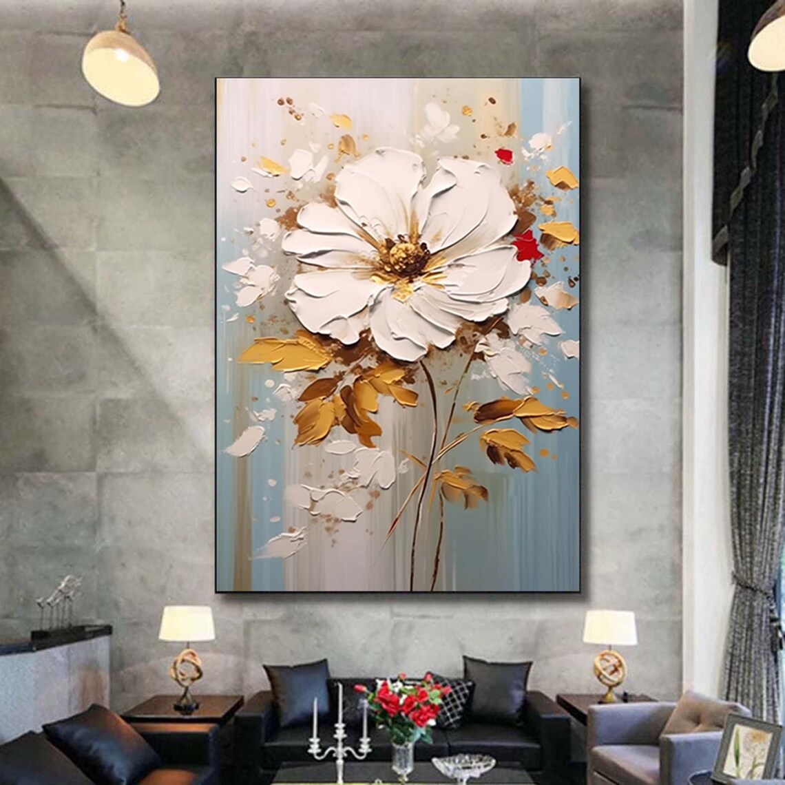 White Flower Gold Leaves Light Blue Botanical Elegant Art Poster - Image 6