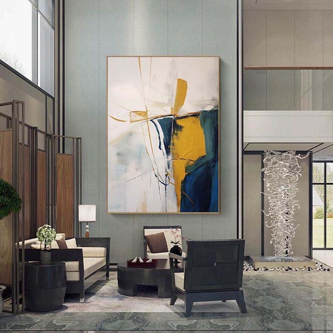 Mustard Yellow Teal White Modern Abstract Block Painting Poster - Image 5