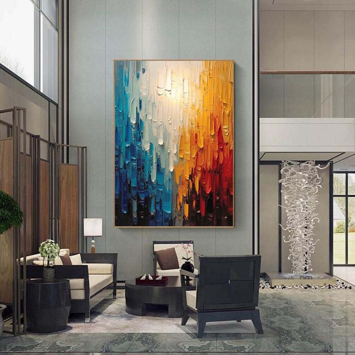 Blue to Crimson Palette Knife Ombre Drip Abstract Vertical Wall Poster - Image 5