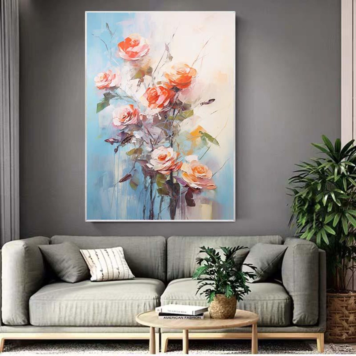 Coral Pink Roses Soft Blue Floral Impasto Painting Wall Poster - Image 2