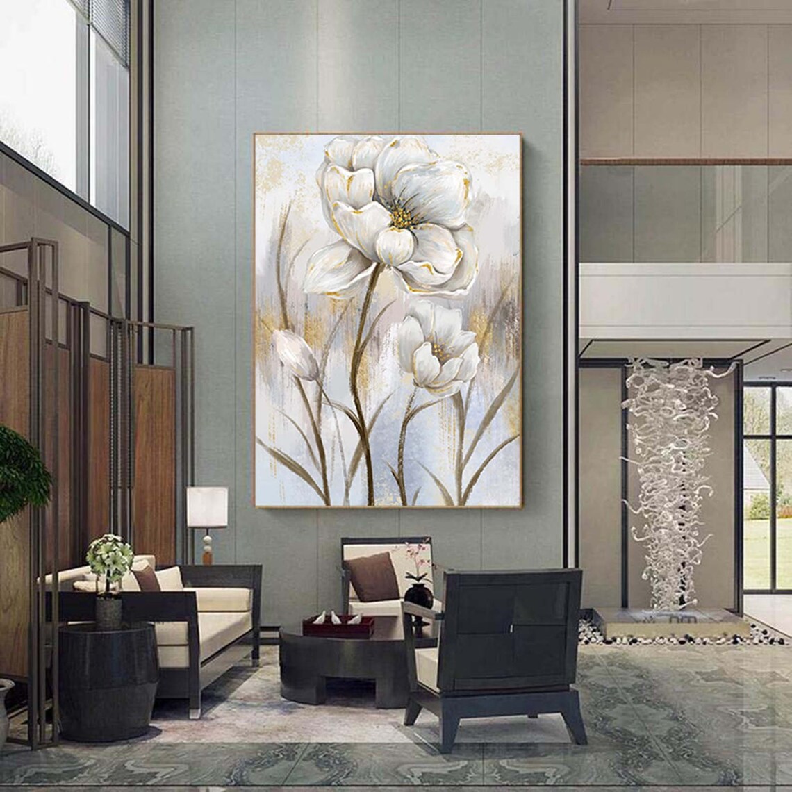 Abstract White Flower Oil Painting, Modern Wall Art - Image 4