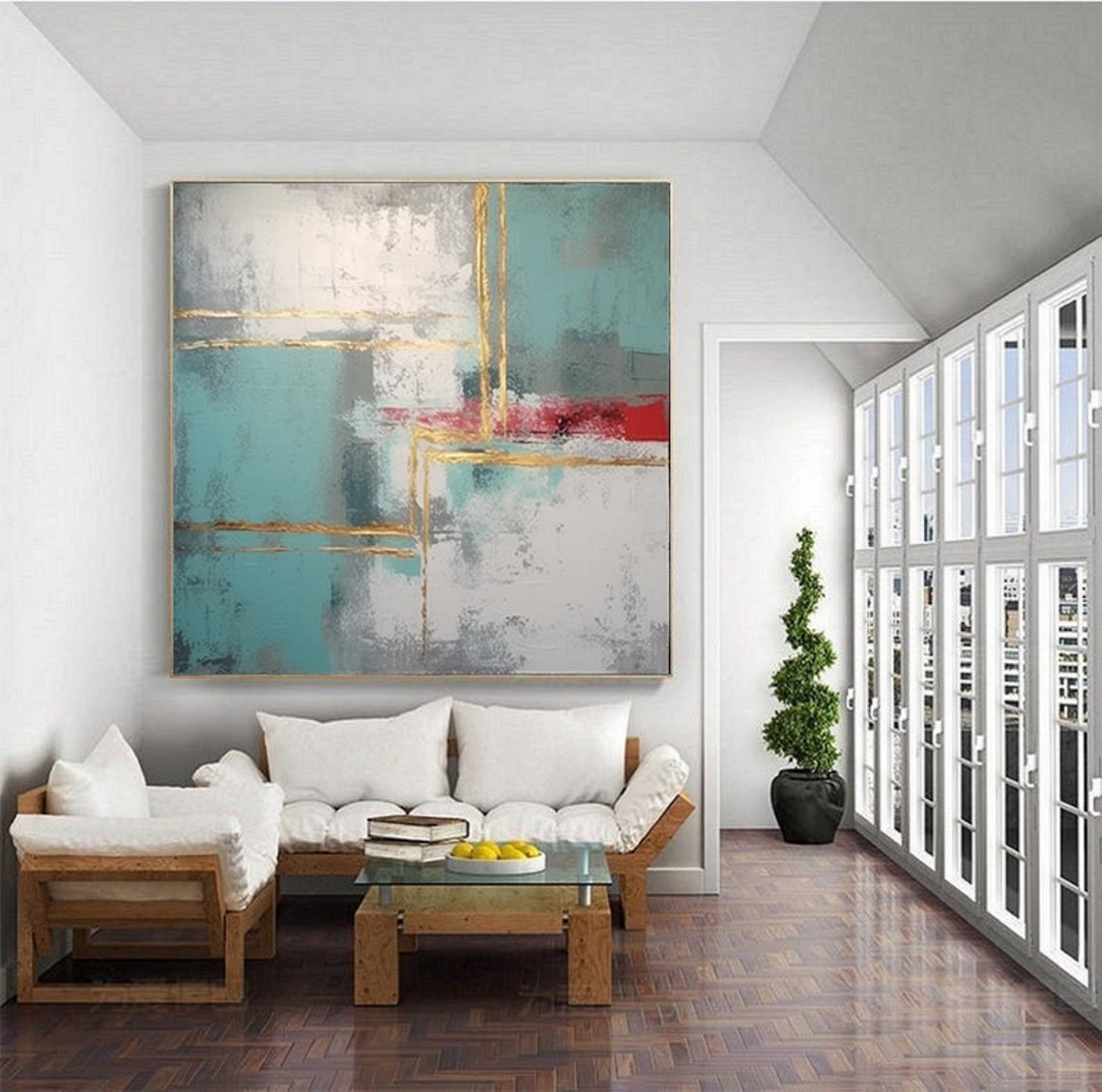 Geometric Teal White Abstract With Gold Lines And Red Band Poster - Image 4