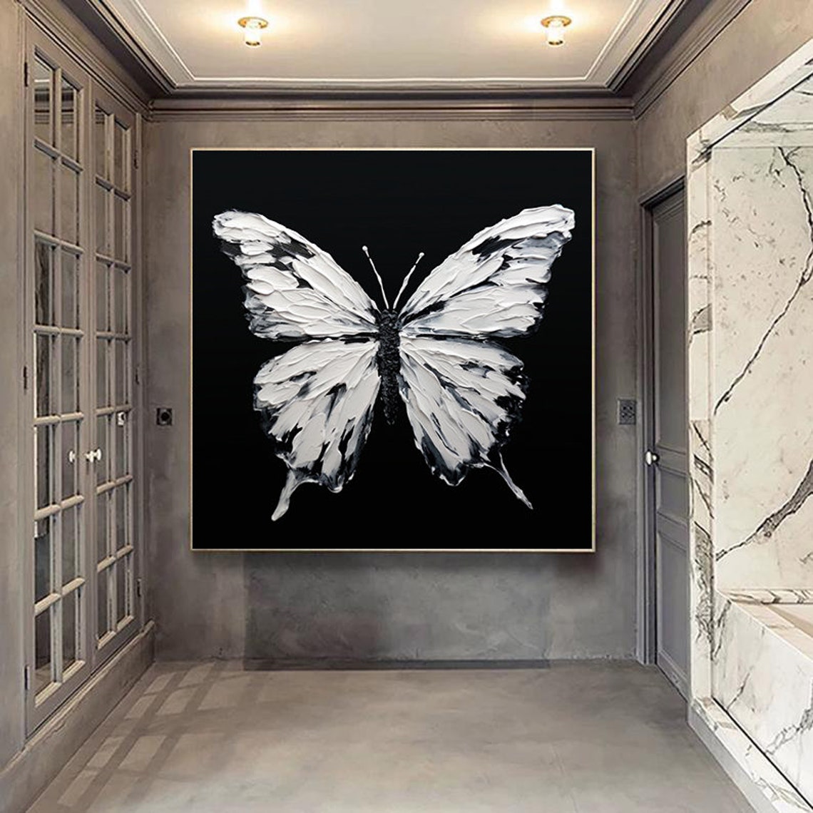 White Butterfly Black Background 3D Impasto Dramatic Art Poster - Image 2