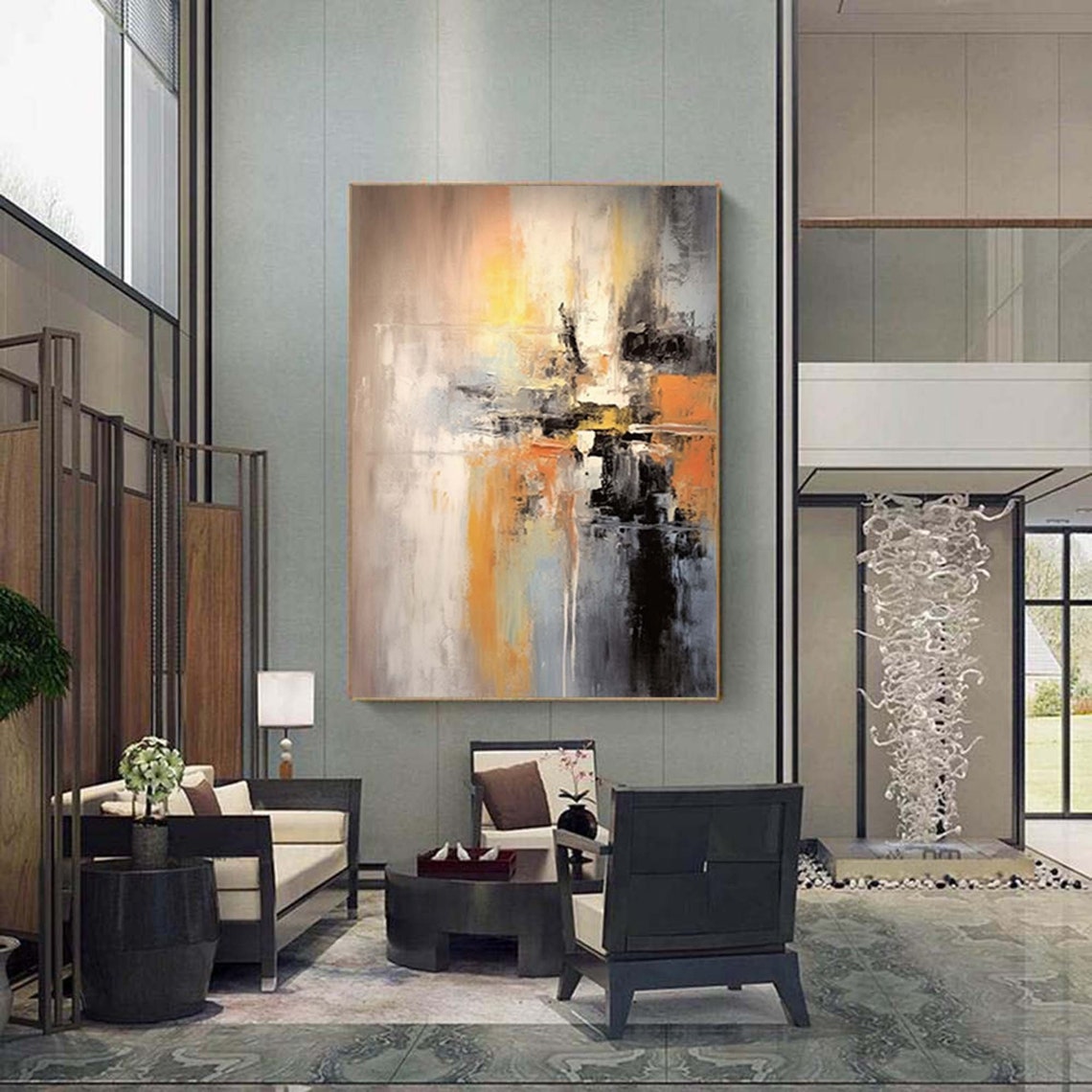Warm Neutral Orange Grey Abstract Oil Painting for Living Room Poster - Image 6