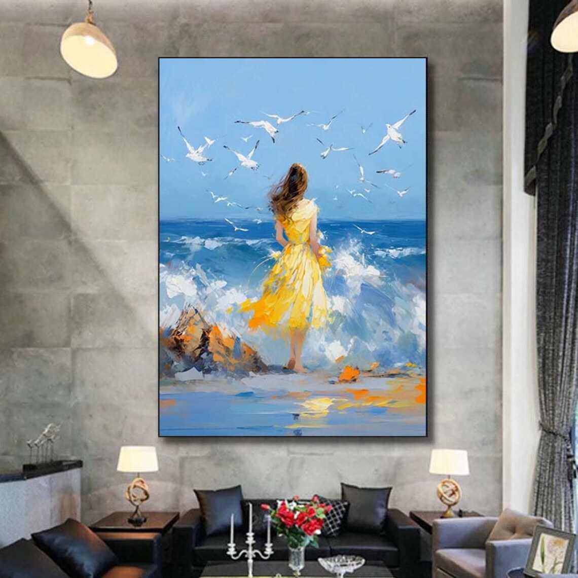 Woman in Yellow Dress Beach Seagulls Oil Painting Summer Poster - Image 5