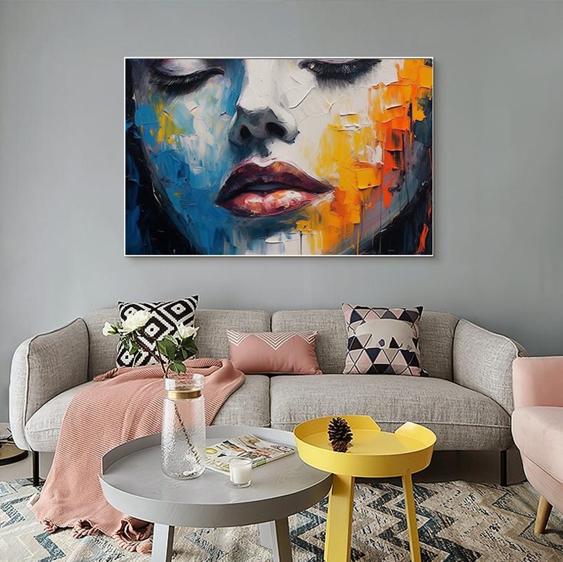Blue Orange Abstract Woman Face Palette Knife Oil Painting Poster - Image 6
