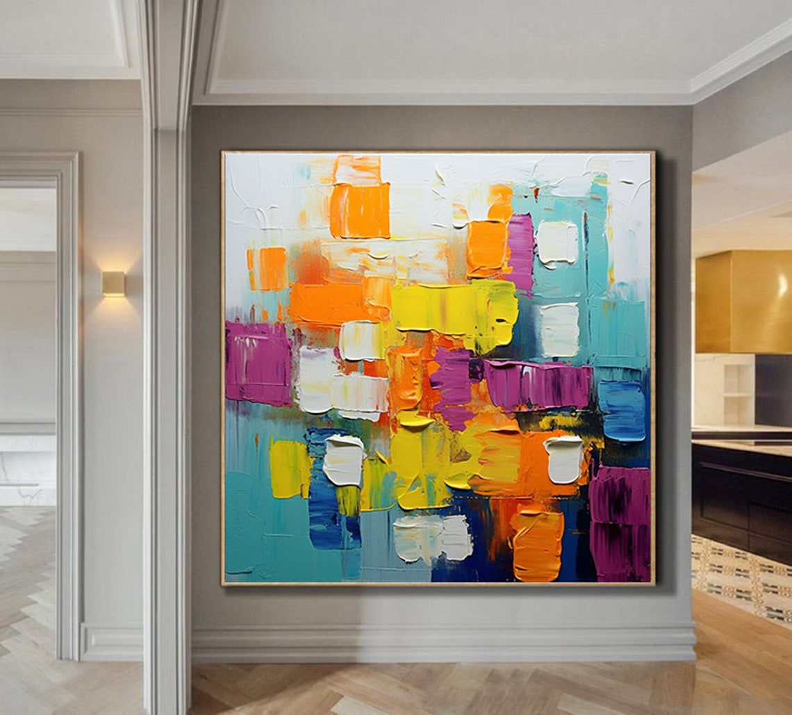 Cheerful Orange Yellow Teal Palette Knife Abstract Blocks Poster - Image 2