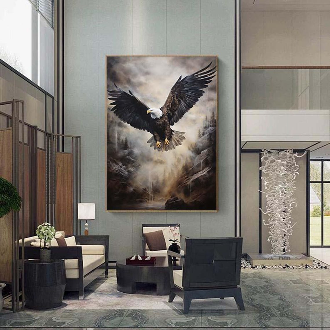 Bald Eagle Flying Stormy Mountain Sky Oil Painting Decor Poster - Image 5