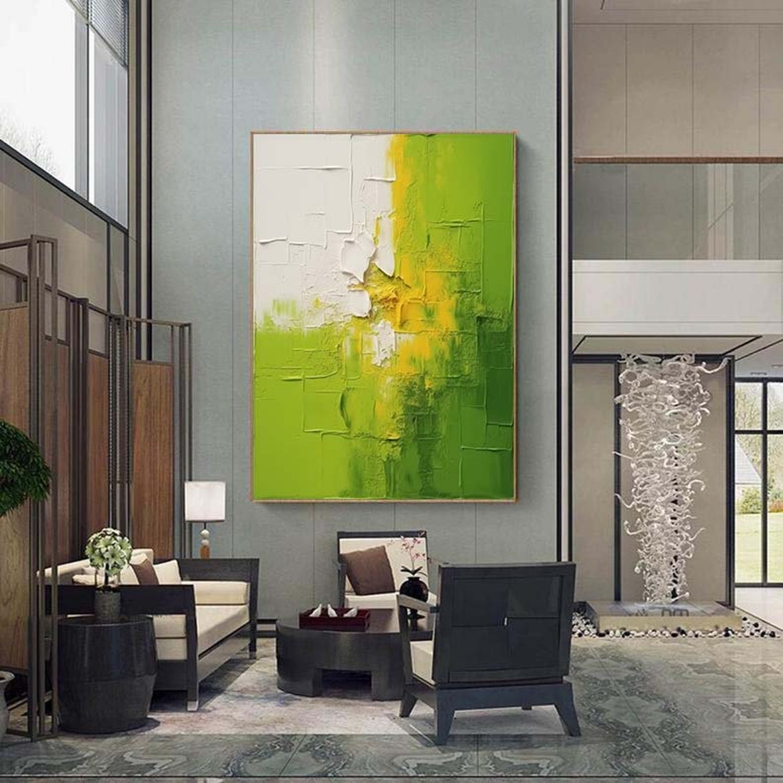 Lime Green White Textured Modern Abstract Vertical Painting Poster - Image 4