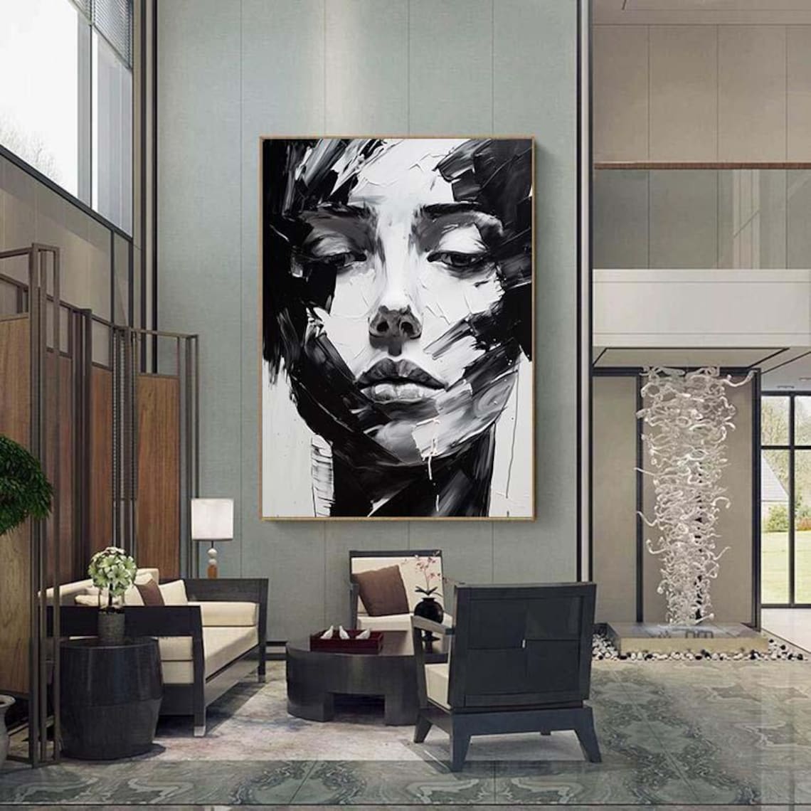 Black and White Woman Face Dramatic Impasto Portrait Wall Poster - Image 5