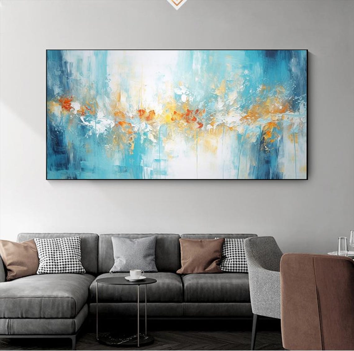 Turquoise Blue Abstract Oil Painting With Golden Amber Accents Poster - Image 7