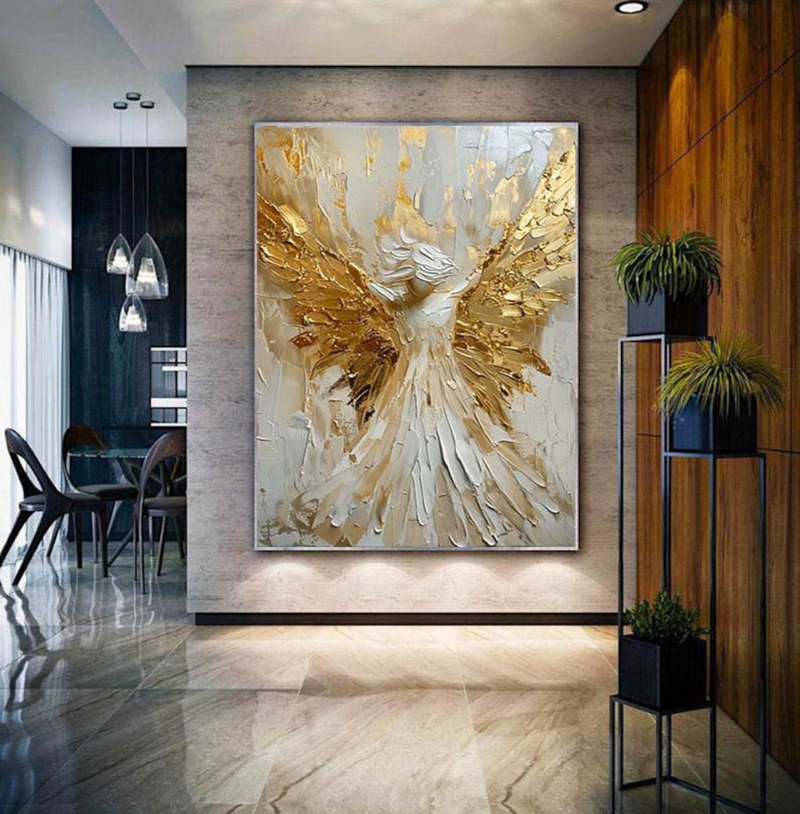 Gold Leaf Angel Wings Oil Painting Art Print - Image 3