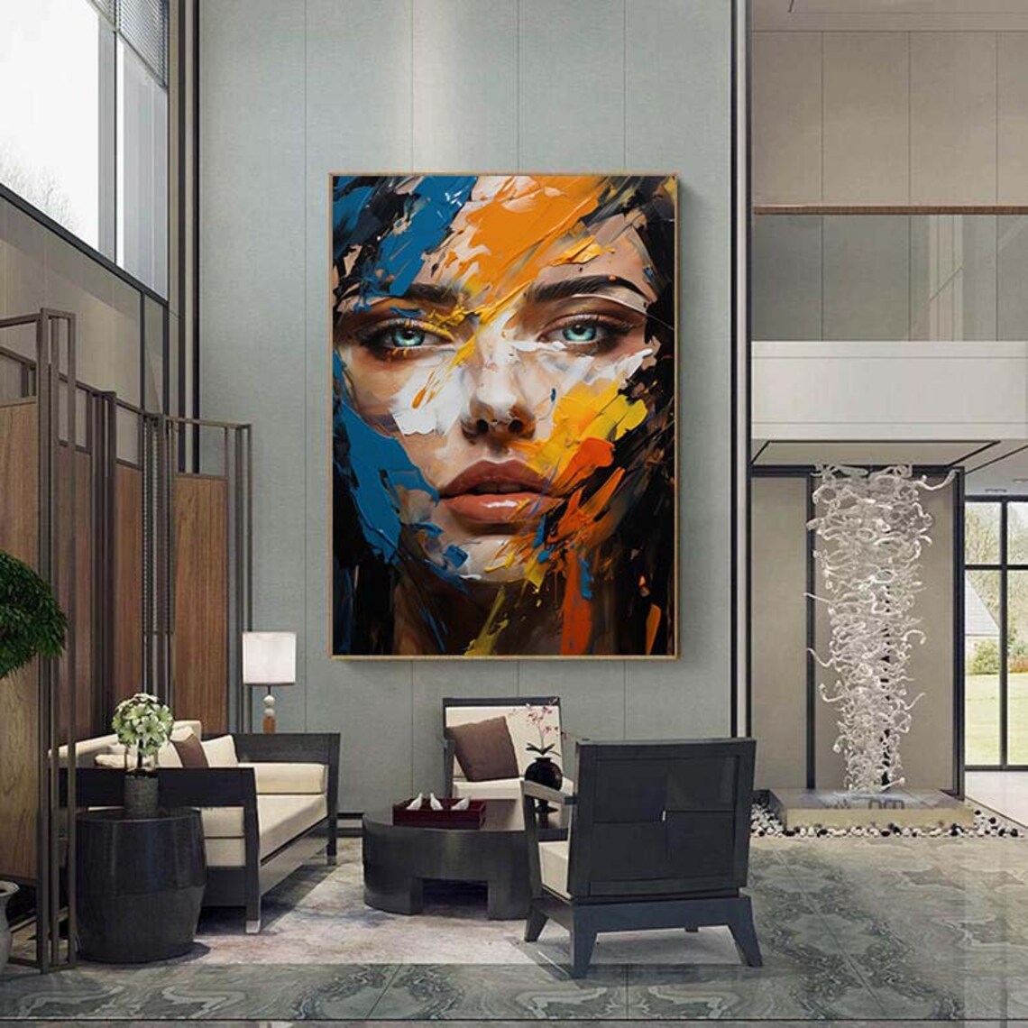 Colorful Abstract Facial Oil Painting Textured Face Of Girl Painting Figurative Wall Art Original Oil Painting Decorative Painting Room Art - Image 6