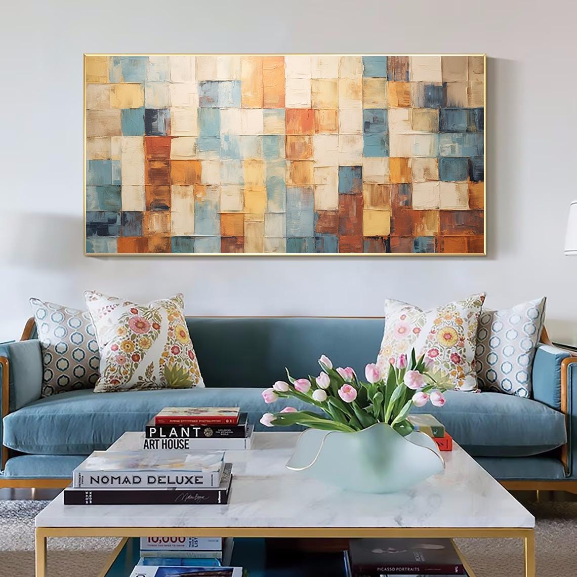 Warm Mosaic Block Grid Rust Blue Cream Horizontal Painting Poster - Image 3