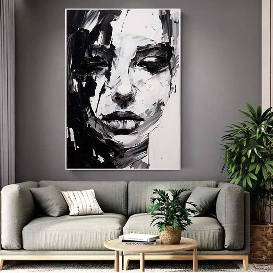 Large Black And White Painting Original Woman Painting On Black And White Female Portrait Black And White Art Oil Paintings On - Image 3