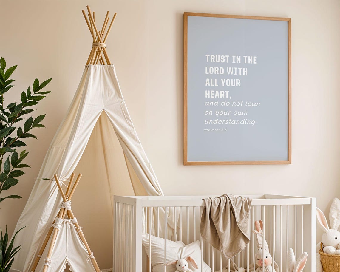 Proverbs 3 5 Trust In The Lord Soft Blue Grey Nursery Bible Poster - Image 3