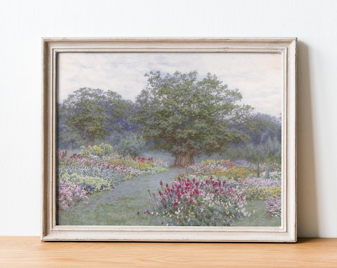 Antique Spring Meadow Wildflower Garden Landscape Oil Painting Print