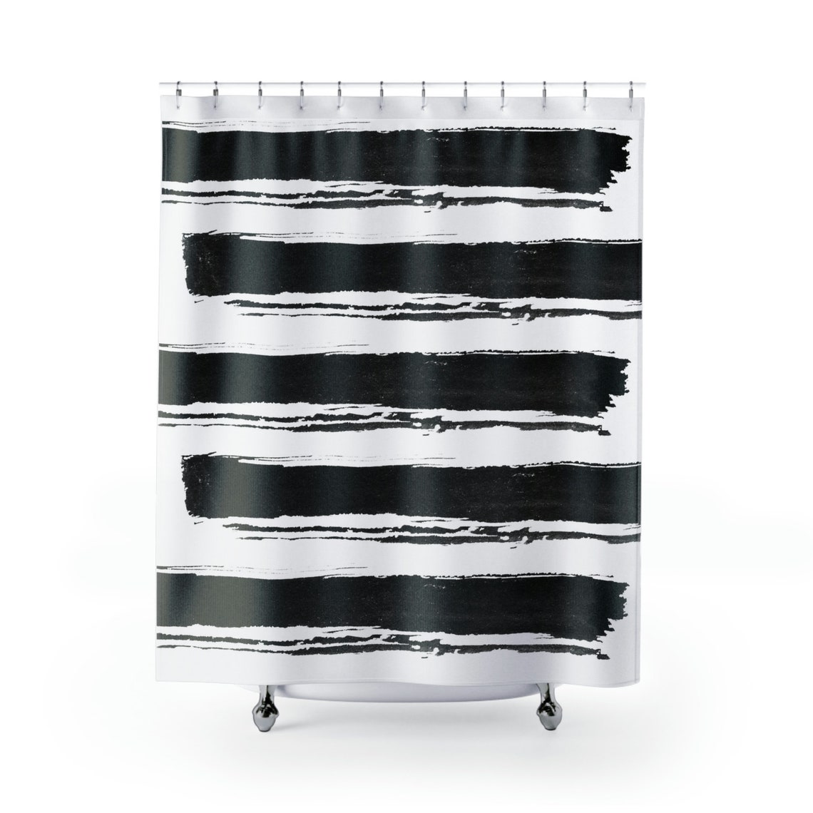 Black and White Brushstroke Shower Curtain with Bold Stripe Print