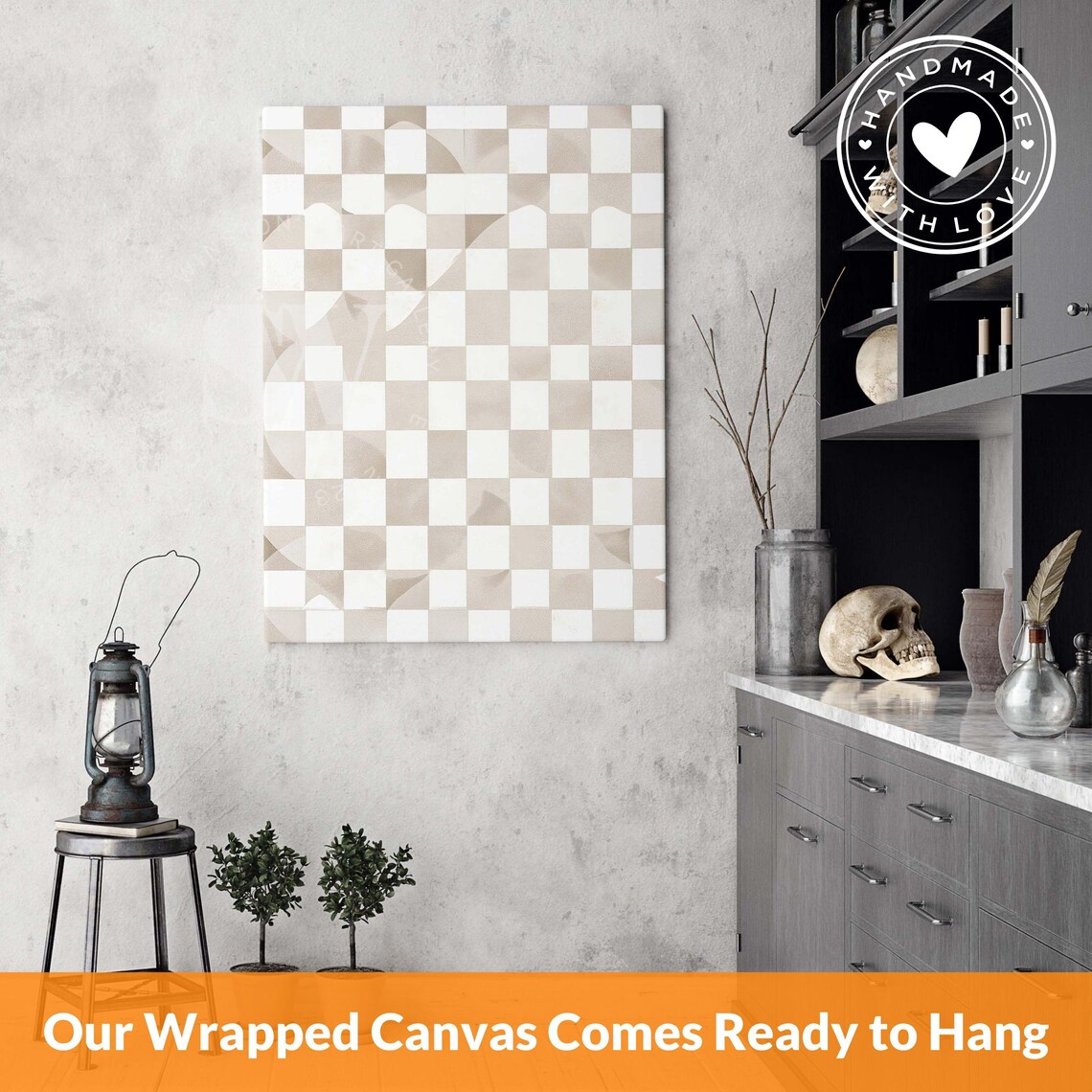 Beige Squares Checkered Abstract Geometric Art Print - Image 2