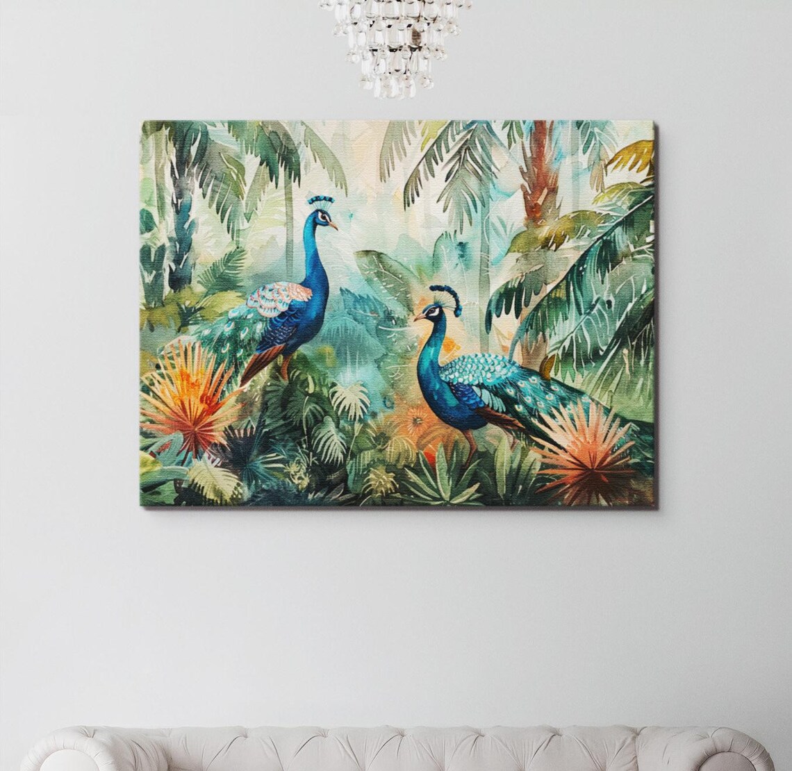 Peacocks in Nature Illustration, Exotic Bird