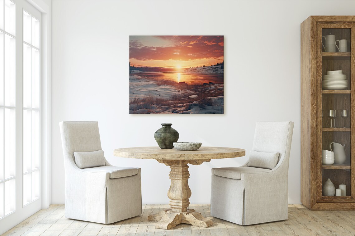 Lake Sunset Snowy Fields Landscape Art Print - Image 2