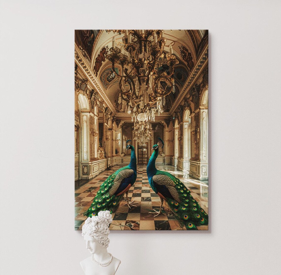 Peacocks in a Palace, Regal Birds Wall Art Print