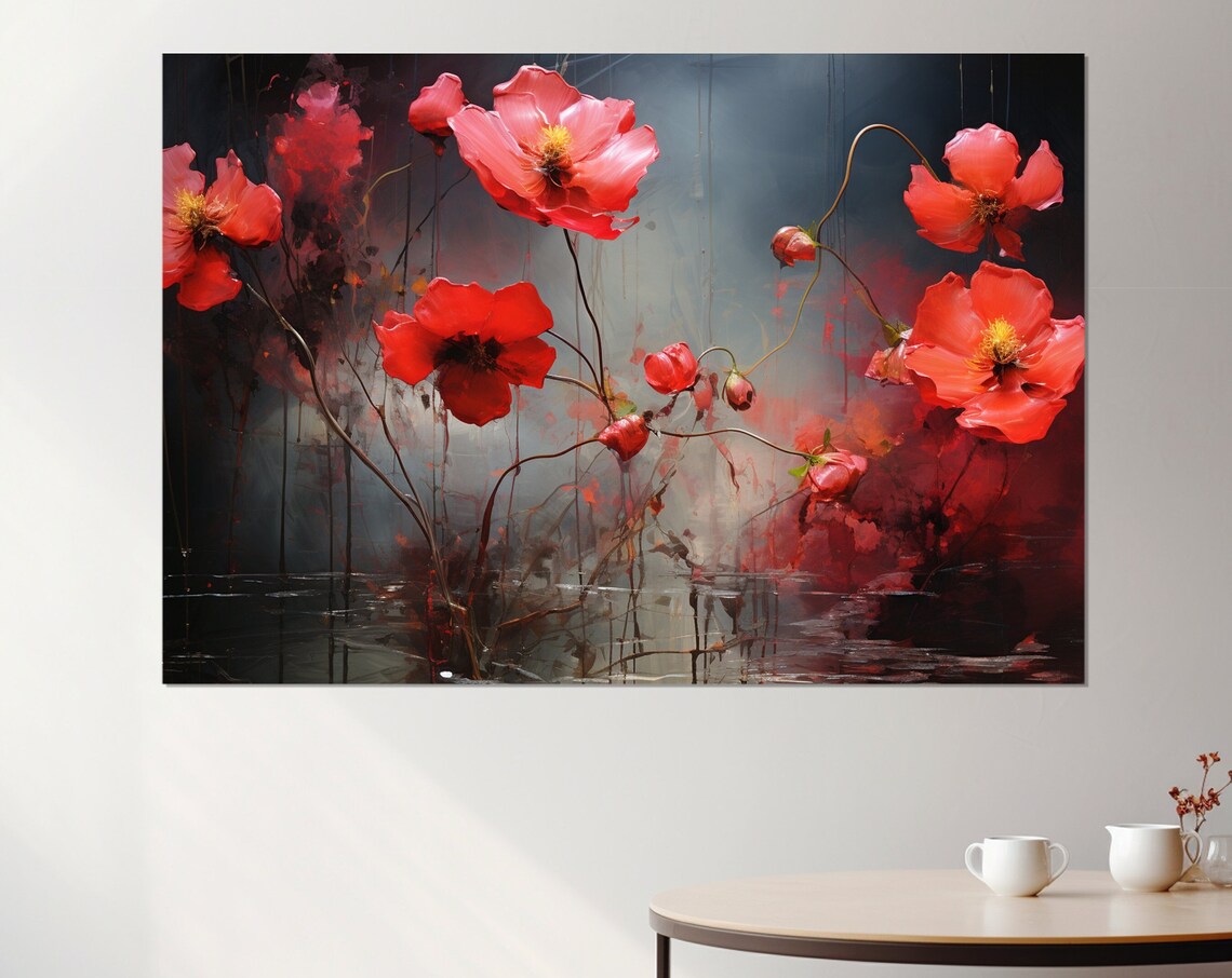 Red Poppies Abstract Floral Painting Dark Moody Blossom Art Poster