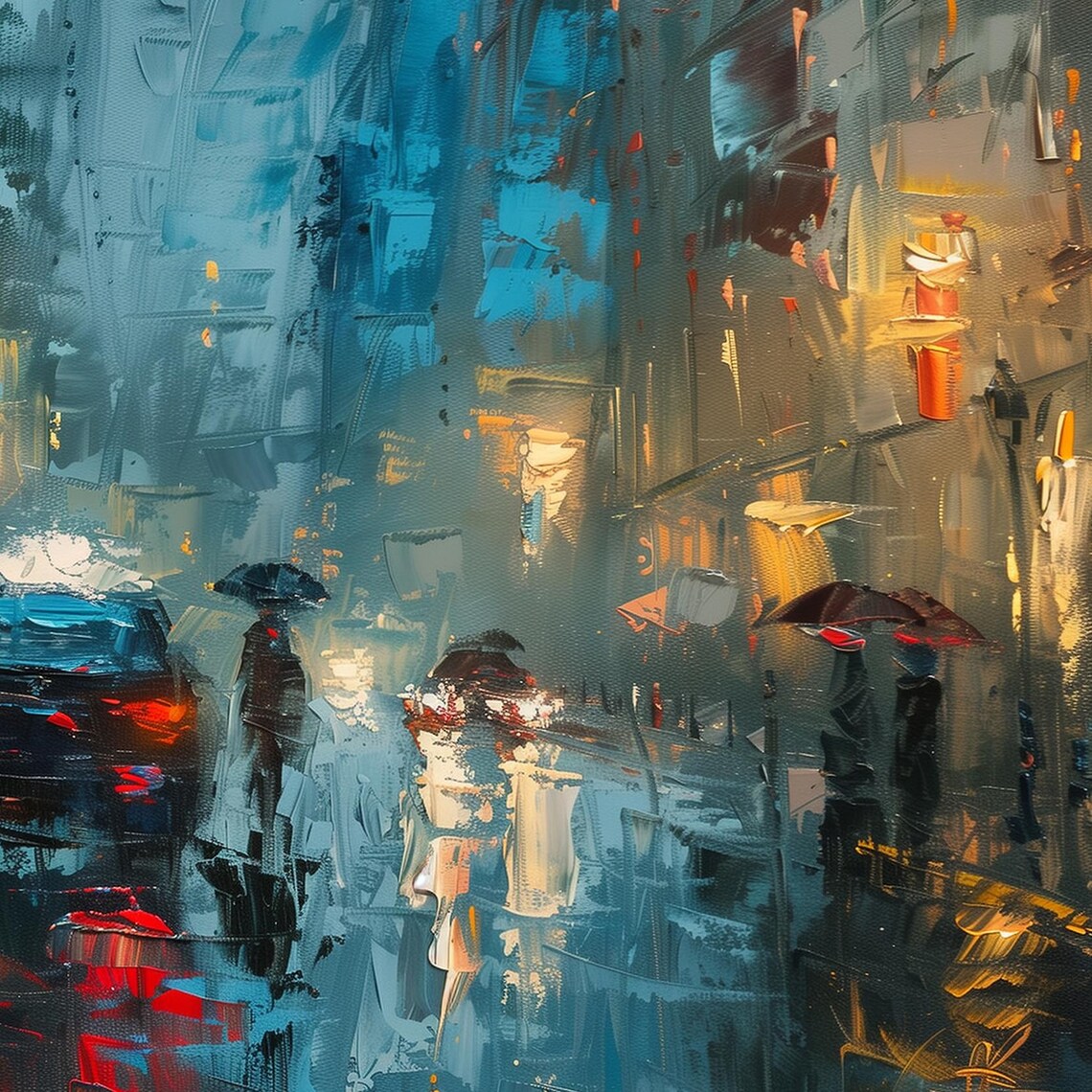 Rainy City Street Night Umbrellas Reflections Urban Art Poster - Image 6