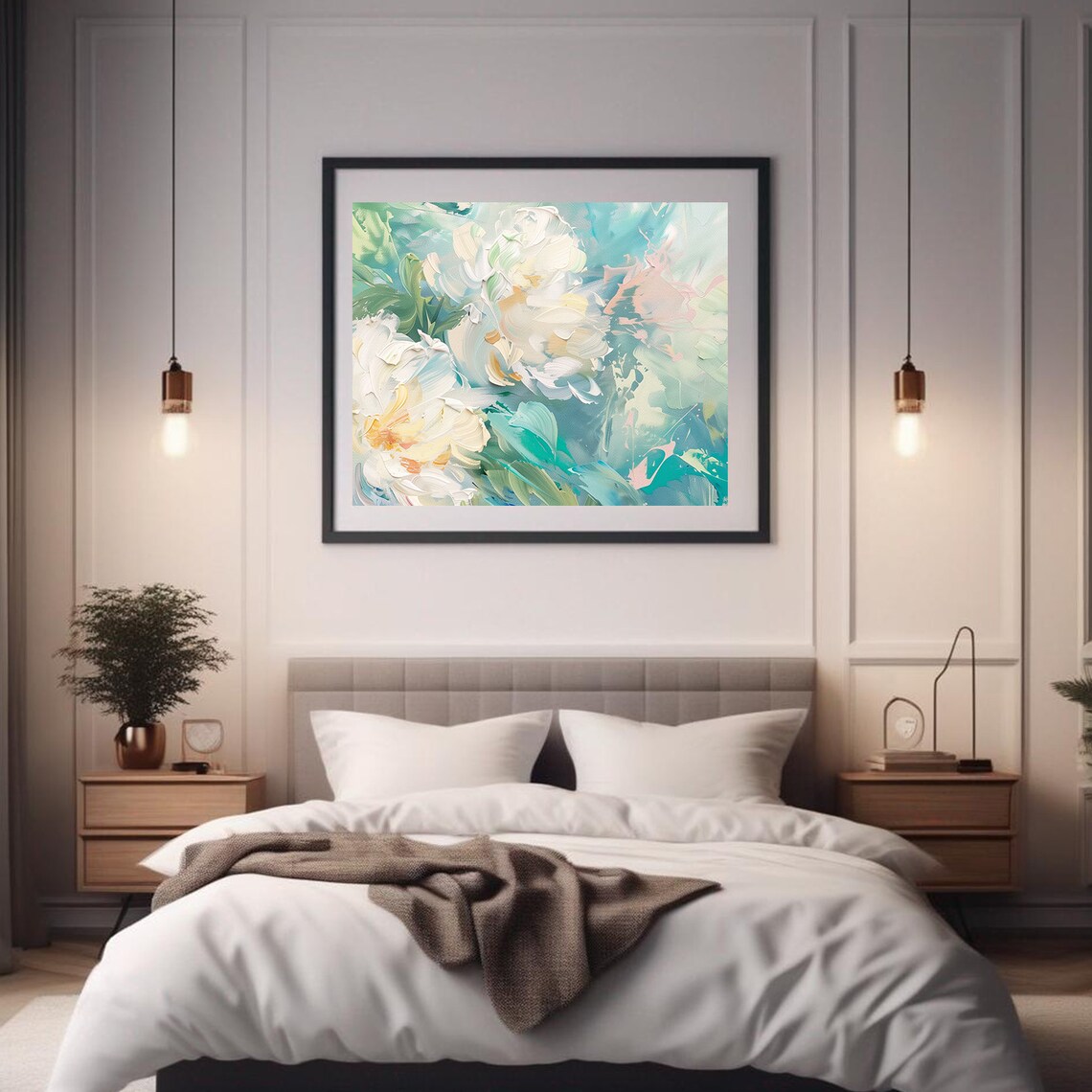 White Blossom Impasto Floral Teal Green Pink Modern Painting Wall Art - Image 2