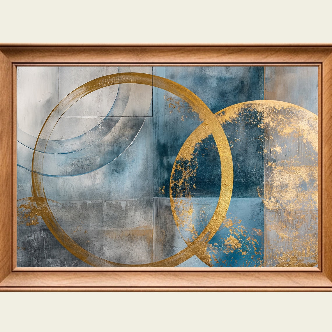 Golden Ring Abstract Painting Navy Blue Circles Shimmering Art Poster