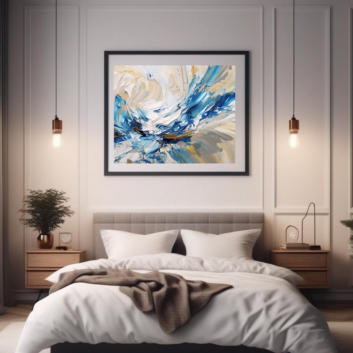 Blue White Abstract Swirls Impasto Ocean Wave Modern Painting Wall Art - Image 2
