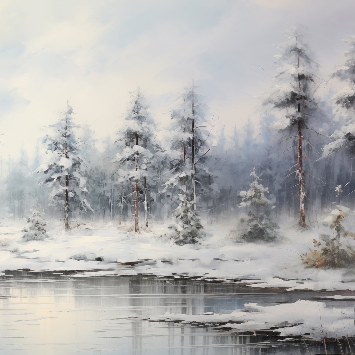 Vintage Winter Icy Pond Oil Painting Wall Art Print Frame Tv Art Tv - Image 6