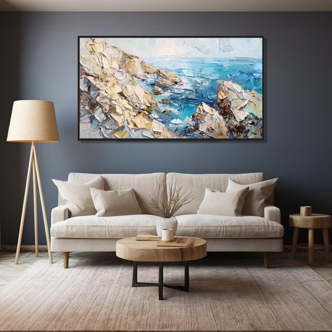 Rocky Ocean Shoreline Turquoise Waves Coastal Cliff Painting Poster - Image 4
